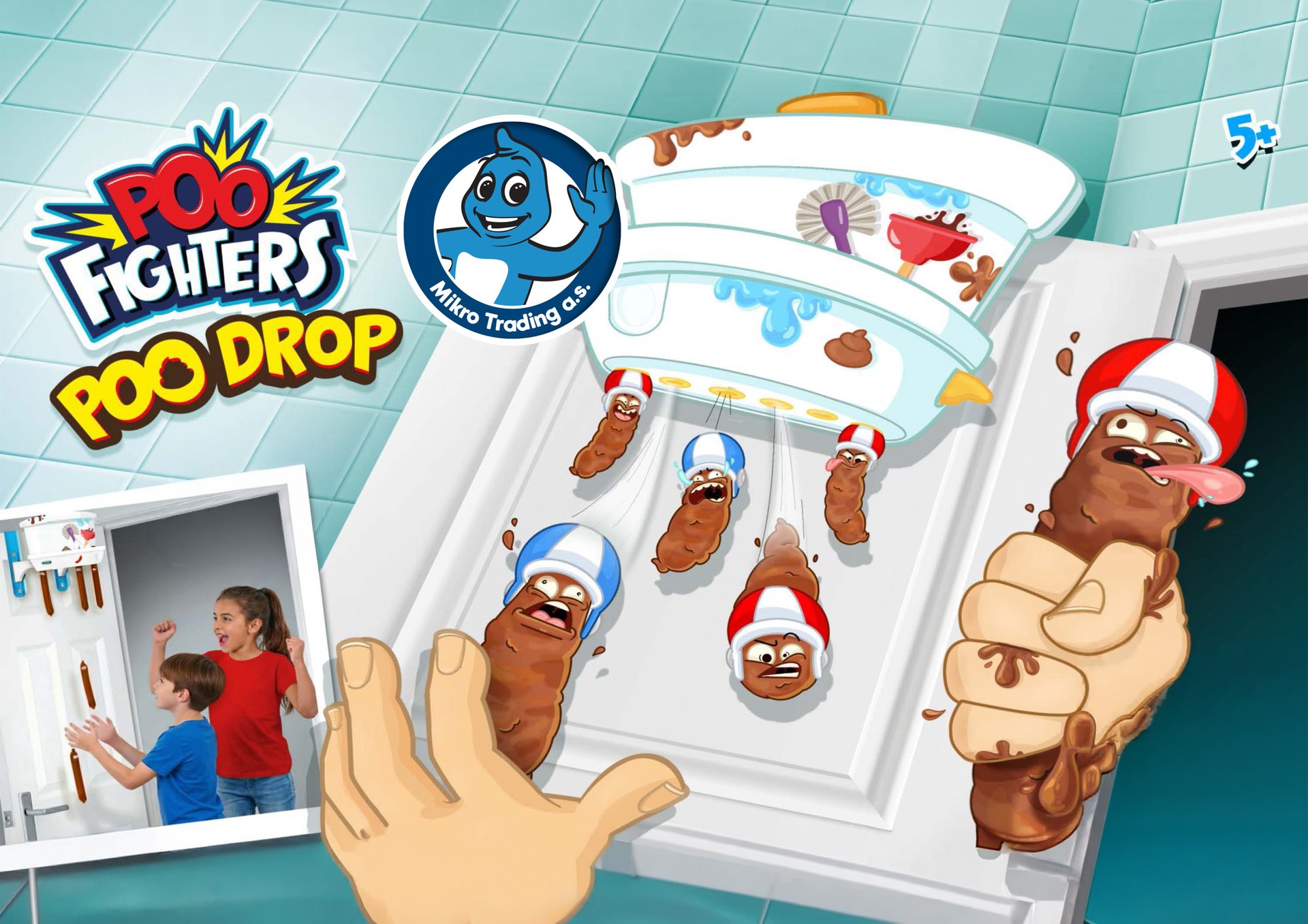 Ilustrace ke hře Poo Drop – z toalety zavěšené na dveřích padají hovínkoví bojovníci a děti je chytají