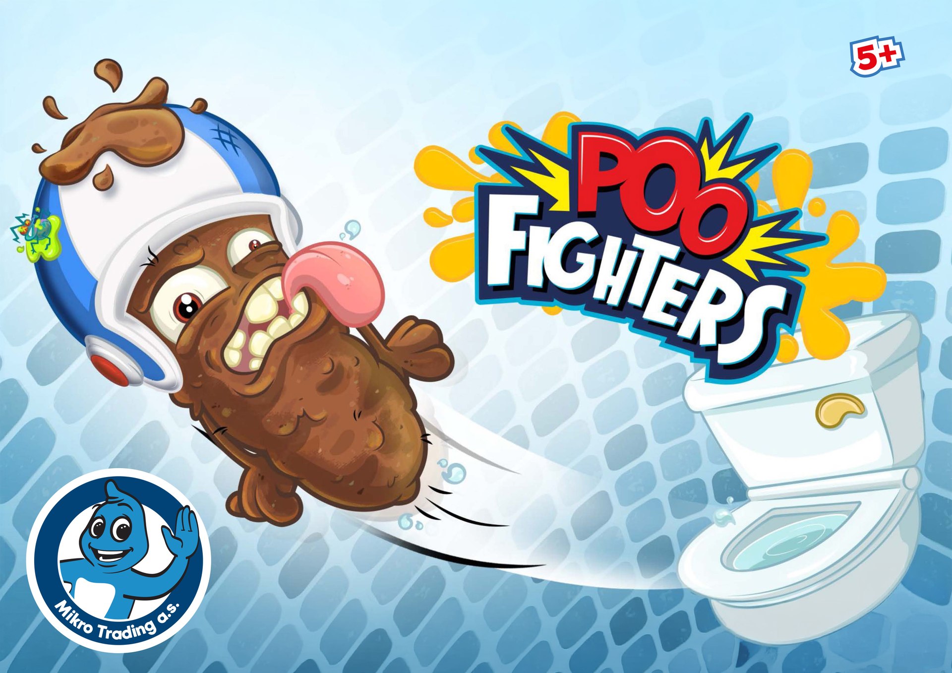 Ilustrace ke hračce Poo Fighters – hovínkový bojovník v helmě letí vzduchem směrem k toaletě