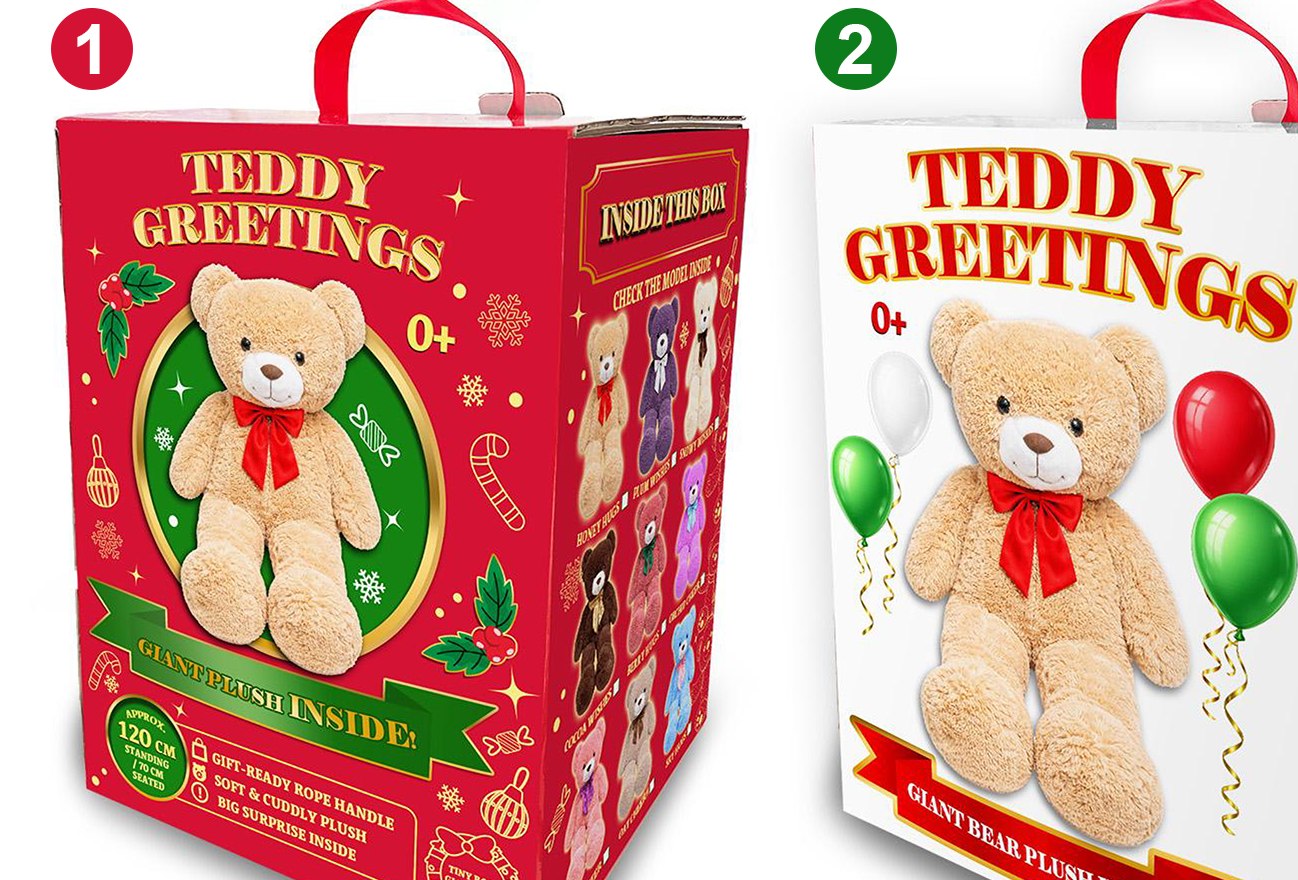 Dvě varianty dárkového balení Teddy Greetings – vánoční a celoroční