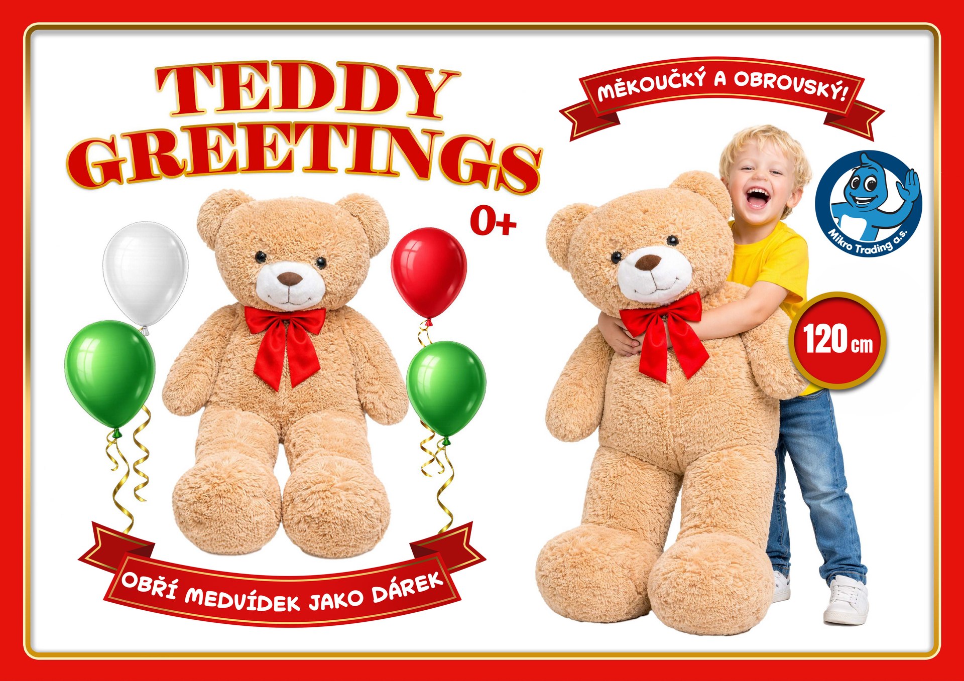 Obří plyšový medvěd Teddy Greetings s červenou mašlí, vedle stojí chlapec, který ho objímá