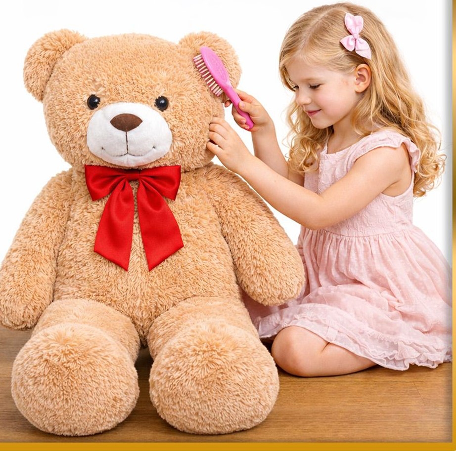 Dívka češe rozbaleného obřího plyšového medvěda Teddy Greetings